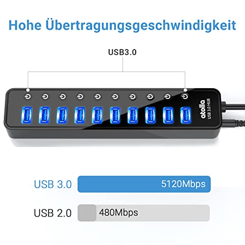 Atolla USB Hub Aktiv 3.0 mit Netzteil, 10-Port