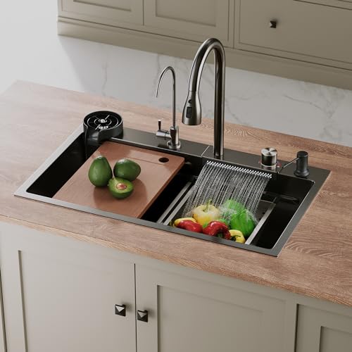 SIRHONA - SIRHONA Évier de Cuisine Multifonctionnel Cascade, Évier de Cuisine en Acier Inoxydable Nano Noir Avec Robinet de Poisson Volant Rétractable, Fonctionnement Silencieux(75x45 cm)