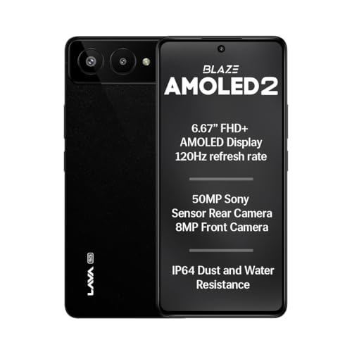 Image of Lava Blaze AMOLED 2 5G (Sparkling Black, 6 GB RAM, 128 GB Storage) | 6.67 inch FHD+ AMOLED Display | MTK D7060 Processor | 50 MP Front Camera | LPDDR5 UFS 3.1 ROM | 5000 mAh | 33W Fast Charging