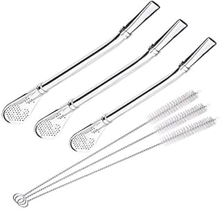 XelparucTS Yerba Mate Bombilla Gourd Drinking Filter Straws Stirrer Food-Grade 18/8 Stainless Steel - Set of 3 with 3 Cleaning Brushes - 6.1" Long
