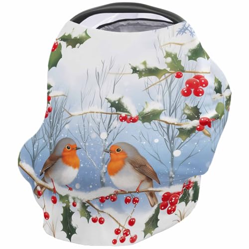 Nursing Cover for Breastfeeding Scarf, Watercolor Pine Branch Leaves Red Berries Baby Car Covers Super Soft Multi Use for Canopy Shopping Cart Cover Blanket Stroller Cover