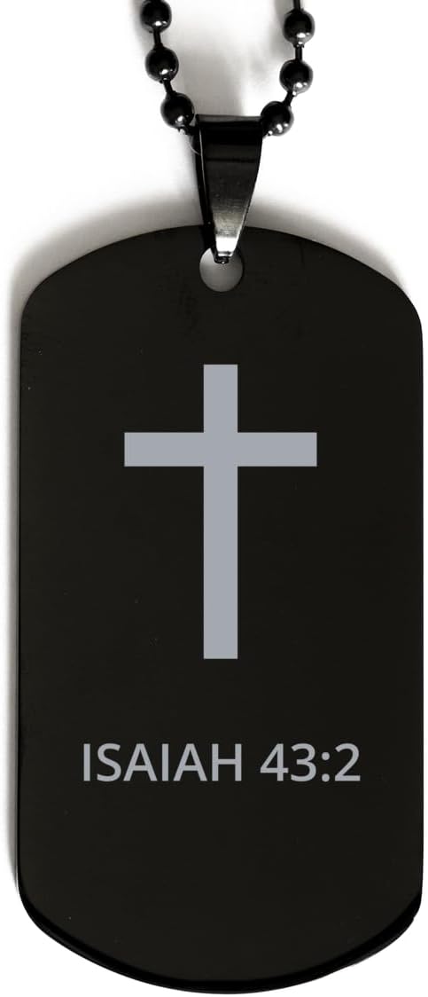 Bible Verse Black Dog Tag, Isaiah 43:2 Motivational Inspirational Gifts Cross Faith Engraved Stainless Steel Chain Necklace For Men Women