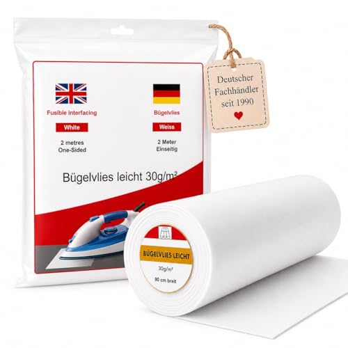 Nähmit - Aufbügelbare Vlies - Einlagestoff - leichtes Gewicht (30g/m) 90cm breit - 2 Meter Vliesstoff (weiss)