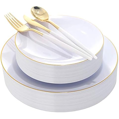 DaYammi 30 Guests Gold Plastic Plates with Disposable Silverware,Gold Cutlery with White Handle,White Gold Disposable Dinnerware:60 Plastic Plates Gold Rim,90 Plastic Silverware Set for Wedding Party Cover