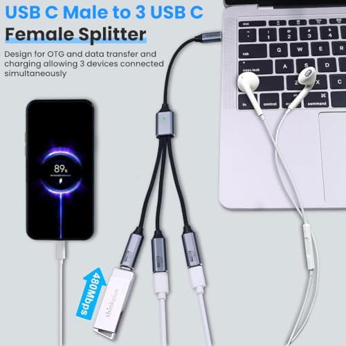 Image of Verilux 3 in 1 Type C Cable Fast Charging, Type C Male to 3 Female Nylon Braided Cable Support 480Mbps Data Transfer for iPhone 17 /16 /15 Series, Galaxy S25 /S24, Flash Drive, HUB, Tablets, MacBook