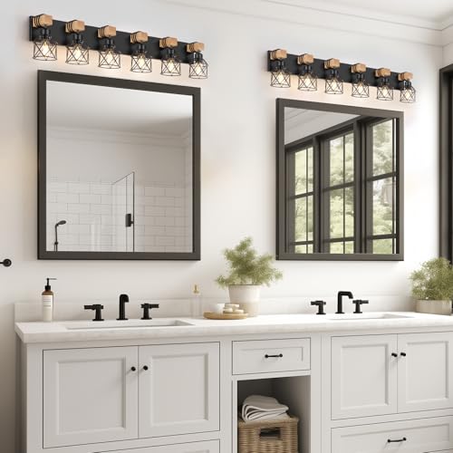Image of FadimiKoo 6-Light Farmhouse Bathroom Lighting Fixtures, Wood Black Vanity Lights Over Mirror, Rustic Wall Sconces Lighting with Metal Lampshade, Vintage Wall Lights for Bedroom, Living Room, Hallway