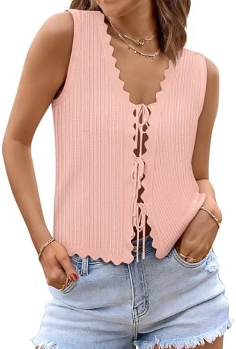 Womens Tie Front Tops V Neck Sleeveless Crochet Knit Vests Beach ...