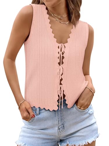 Image of COCCKO Womens Summer Tops Vacation Beach Outfits Cute Tie Front Crochet Vest Knit Sleeveless Sweaters