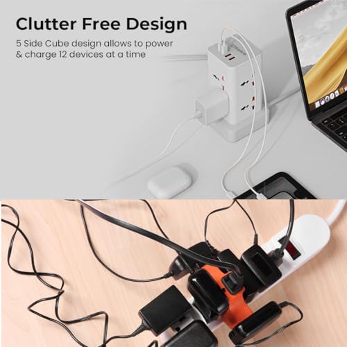Image of OTEK Extension Board with 8 Universal Sockets 2 USB & 2 Type C Ports 2 Meter Cord 2500W 10A Surge Protector Master Switch Safety Shutter Multiplug Power Strip for Home Office White