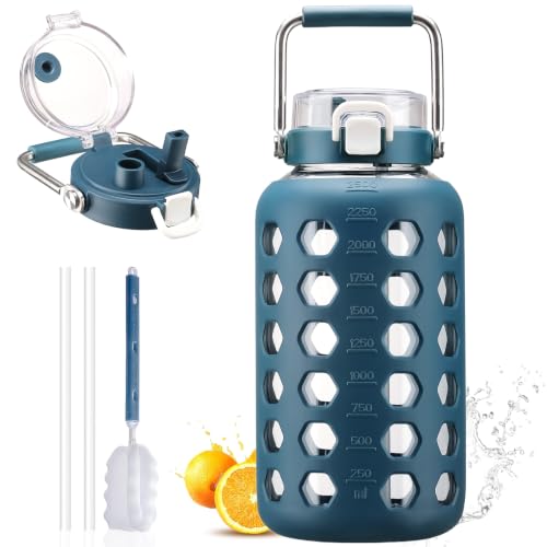 Image of MUKOKO 84 oz Glass Water Bottle, Stainless Steel Handle, Blue