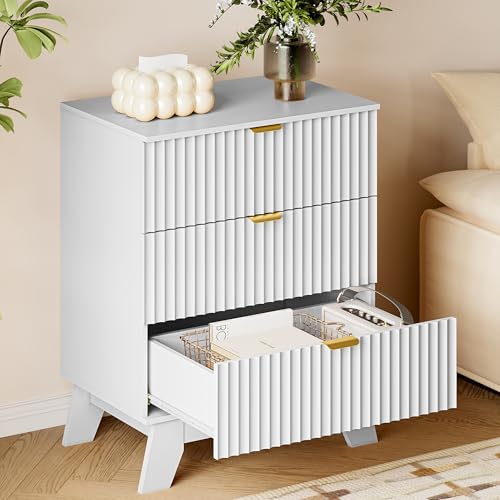 Image of BORNOON Fluted 3 Drawer Dresser, 30.3 inch Tall Compact Modern Boho Chest of Drawers, Wooden Storage Cabinet for Bedroom, Living Room, Entryway, Curved Profile Design