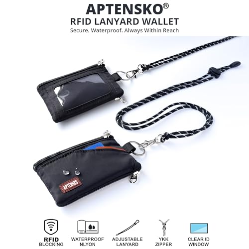 Image of RFID Blocking Travel Wallet with Adjustable Lanyard, Small Nylon Zipper Pouch and Badge Holder for ID, Credit Cards, Cash, Keys, Commuters (Black)