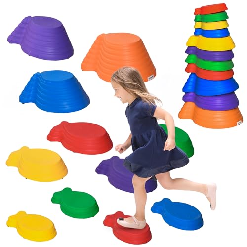 Outsunny Kids Balance Stepping Stones 11-Piece Fish Shape Non-Slip Obstacle Course Stackable Balance Blocks Exercise Toddler Balance for Indoors and Outdoors - Multicoloured