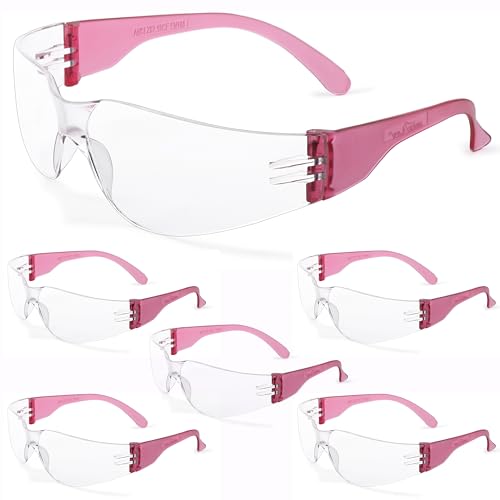 BISON LIFE Clear Lens Pink Temple Safety Glasses Bulk 6 Pack, ANSI Z87.1 Anti Scratch Impact Resistant Wrap-Around Protective Eyewear for Men & Women, Construction, Lab, Industrial Eye Protection