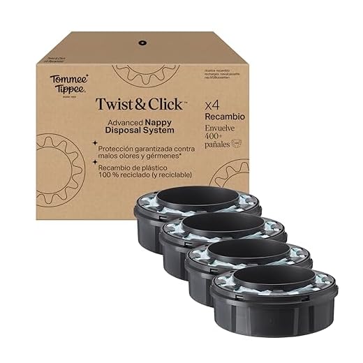 Tommee Tippee Recambio original para contenedor avanzado de pañales Twist and Click, paquete exclusivo de 4, fácil de cambiar y muy económico