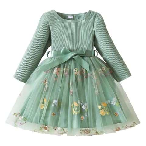 Nileafes Toddler Girl Tulle Long Sleeve Dress Flower Embroidery Knit Party Bowknot Fall Winter Clothes Size 1Y (6-12 Months, 126-Green) Cover