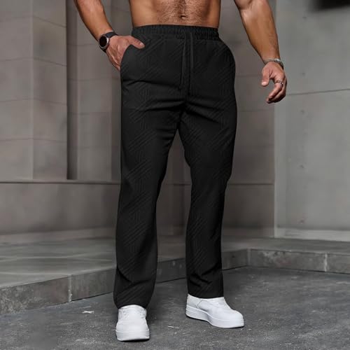 Men's Elastic Waist Pants Casual Drawstring Straight Leg Slacks Textured Trousers Fashion Loose Fit Pant with Pockets2