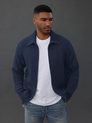 PJ PAUL JONES Men's Full Zip Cardigan Sweaters Unisex Relax Fit Lapel Collar Raglan Sleeve Casual Ribbed Sweater4