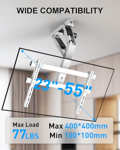 Image of Electric Ceiling TV Mount with Remote for 23-55 inch Flat Curved Screen TVs, Motorized Flip Down Ceiling Mount for Flat and Pitched Roof Indoor Outdoor, Drop Down VESA Mount Bracket, White