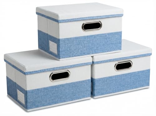 Image of PRANDOM Storage Bins with Lids [3-Pack] Linen Fabric Foldable Storage Boxes Organizer Containers Baskets Cube with Cover for Bedroom Closet Office Blue&White（11.4X8.6X6.7