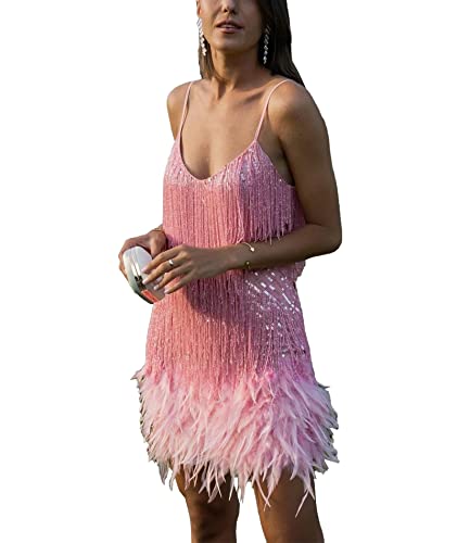 Image of xxxiticat Women's Sequin Flapper Dress Sleeveless Feather Hem Fur Fringe Tassel Splice Glitter Sparkly Shiny Mini Dress