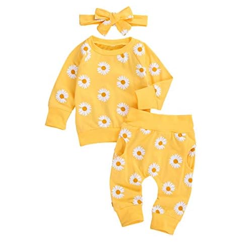 3PCS Baby Girls Pants Set Newborn Infant Girls Long Sleeve Sweatshirt Tops + Pants with Headband Outfits Clothes (Yellow, 18-24 Months) Cover