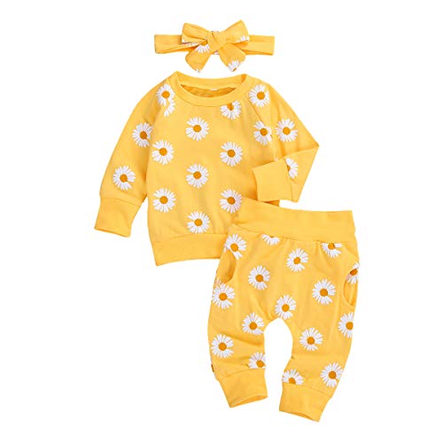 Image of 3Pcs Baby Girl Outfits Daisy Sweatshirt + Pants + Headband Infant Fall Winter Clothes