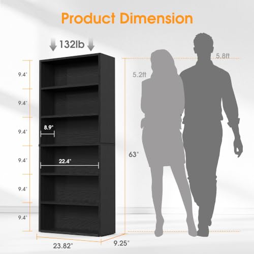 DUMOS 6-Tier Bookcase, 63 Inch Tall Open Bookshelf, Modern Black - image 3