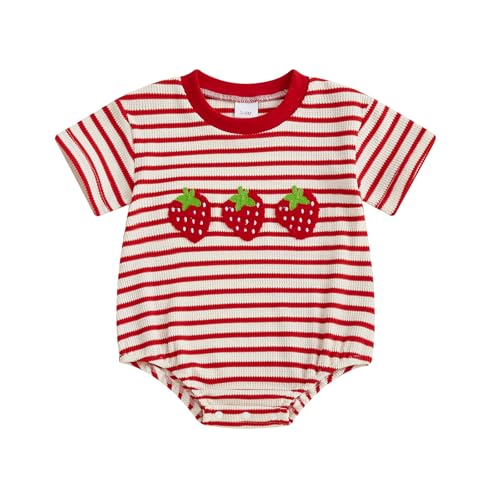VISGOGO Unisex Baby Boy Girl Striped Romper Waffle Short Sleeve Bubble Oversized Romper Bodysuit Summer Jumpsuit Clothes (Red-Strawberry 6-12 Months)