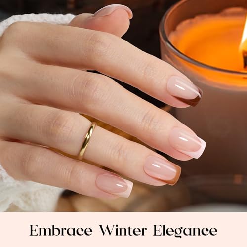 Image of Beetles French Tip Press On Nails - Mocca Mousse | 7 Colors Short Square Press On Nails Brown | 16 Sizes 224 Pcs Acrylic Nail Natural Salon Quality Gift For Women