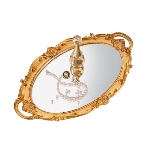 XPXKJ Gold Mirror Tray Vintage Vanity Tray for Dresser Perfume Storage Decorative Mirrored Glass Tray Coquette Room Decor, Bedroom, Bathroom Oval Antique Serving Makeup Organizer