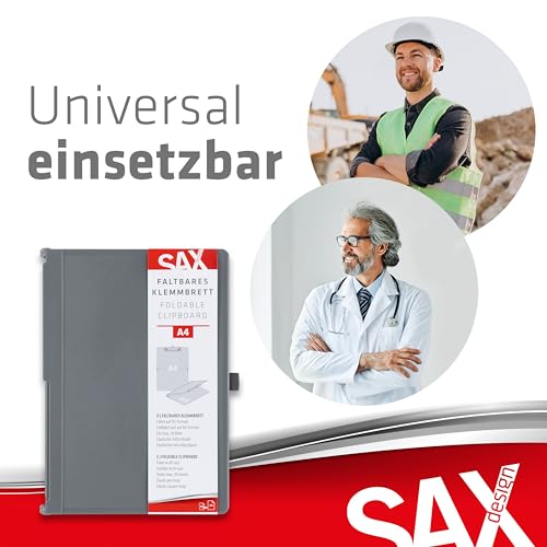 SAX Faltbares Klemmbrett, Grau, Clipboard, A4 auf A5, hoch- und Querformat, ideal für Reisen und Business, für 30 Blatt, inkl. elastischem Verschlussband und Stiftschlaufe, langlebig & stoßfest