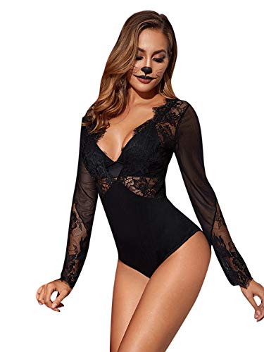 Sweatyrocks Women's Sexy Lace V Neck Clubwear Top Sheer Mesh Long Sleeve Bodysuit Black M #TOP4