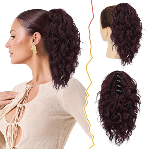 BARSDAR Claw Clip Short Curly Dark Burgundy Ponytail Hairpieces Synthetic