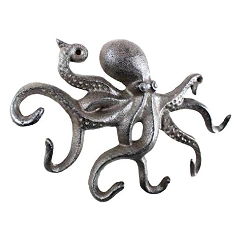 Hampton Nautical Cast Iron Octopus Hook 11 Inch - Decorative Hook - Sealife Metal Wall Hook Cover