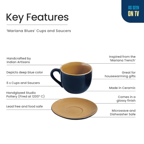 Image of ExclusiveLane 'Mariana Blues' Hand Glazed Ceramic Tea Cups Set of 6 with Saucer Ceramic Coffee Cups Chai Tea Cup (180 ML, Microwave Safe, Dishwasher Safe)