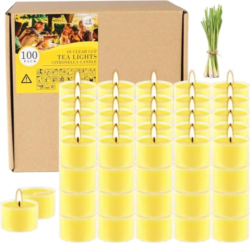 Image of 100 Pack Clear Tea Lights Candles Bulk, Summer Citronella Candle Outdoor and Indoor, for Birthday Emergency Home Garden(8 Hour, Yellow)