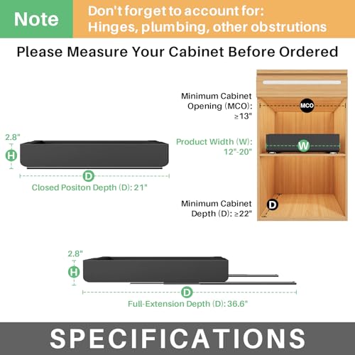 Pull out Cabinet Organizer, Expandable(12"-20") Heavy Duty Slide out Drawer Fixed with Adhesive Nano Film for Pots, Roll out Shelf Storage for Kitchen Base Cabinet Organization, Pantry, Bathroom