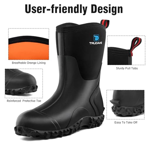 Image of Trudave Rubber Boots for Women with Steel Shank, 6mm Neoprene Mid Calf Rain Boots, Waterproof Insulated Mud Work Boots All Season, Size 5-11