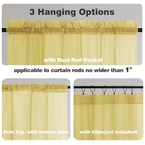 Image of Chyhomenyc Mustard Yellow Sheer Valances for Windows - Light Filtering Small Kitchen Curtains, Short Top Window Treatment Decor for Living Room Bathroom Basement, 42Wx16L inches, 2 Panels