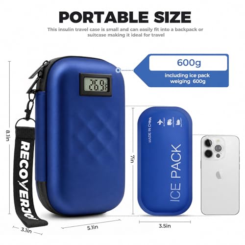 Image of TSA Approved Insulin Cooler Travel Case Diabetic Medication Bag With Thermometer Temperature Display Medication Diabetic Cooler Travel Medicine Organizer Bag & 2 Ice Pack-Dark Blue