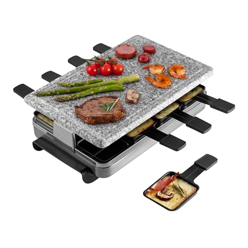 Swissmar Stelvio Raclette Party Grill with Granite Stone Non-Stick Grill Plate/Crepe Top, Outdoor & Indoor Electric BBQ Grill, Samgyupsal Griller - Brushed Stainless Steel - 8-Person - Silver