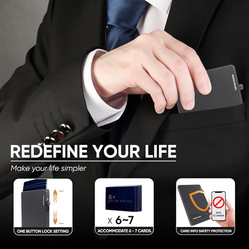 Mens Wallet Card Holder, RFID Blocking Credit Card Holder, Minimalist Men’s Wallet with Pop-Up Aluminum Case, Holds 5–7 Cards, Stylish & Durable (Black)2