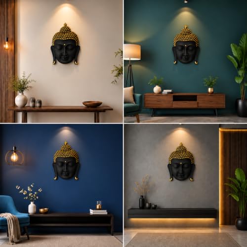 Image of Black & Gold Buddha Face Wall Hanging Statue for Home Decor, Premium Resin Meditation Buddha Wall Art for Living Room, Office, Temple, Yoga Room & Spiritual Decoration