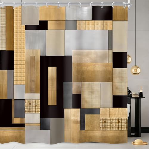 Newsely Black and Gold Shower Curtain 72Wx72L Inch Abstract Modern Geometric Block Print Minimalist Contemporary Geometry Bathroom Set Aesthetic Waterproof Bath Decoration Accessories Home Decor