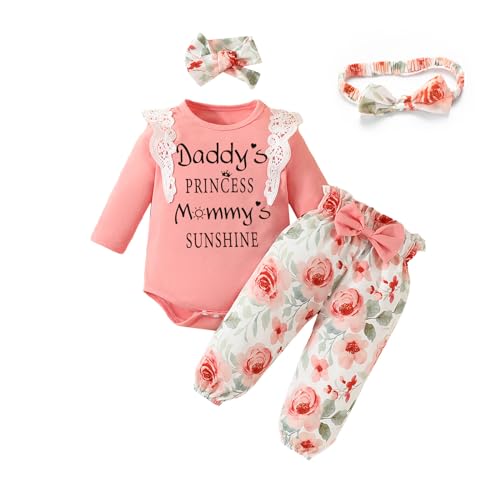 Image of Miipat Infant Girl Fall Outfits Long Sleeve Lace Romper Ruffle Floral Pants Newborn Baby 4Pcs Sets 0-18 Months