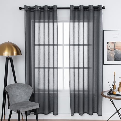Homxi Cortinas Semitranslucida Dos Piezas,2 x 100W x 130H CM,Cortina Ventana Habitación Color Sólido Negro Cortinas Salon Ojales