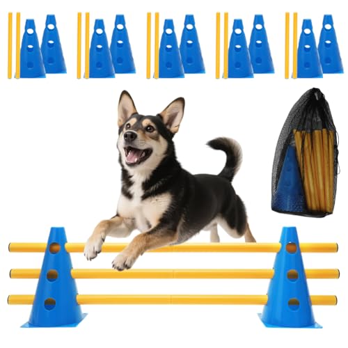 Zestaw Agility DASIAUTOEM, zestaw do skakania DASIAUTOEM dla psów, akcesoria do treningu Agility dla psów i koni, skakadło dla dzieci z 5 prętami i 10 stożkami, zestaw do skakania dla psów