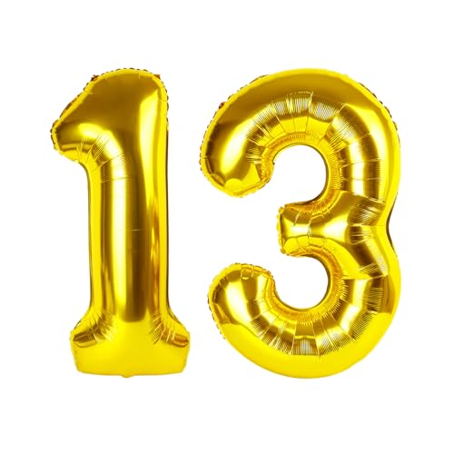 Image of Number Balloons Gold 13 Balloon 40 inch for 13 31 Birthday Party Decoration | Saturated Color, Large 40 inch, With Straw & Hanging Holes, For Back-To-School Season, Anniversary, Christmas, New Year
