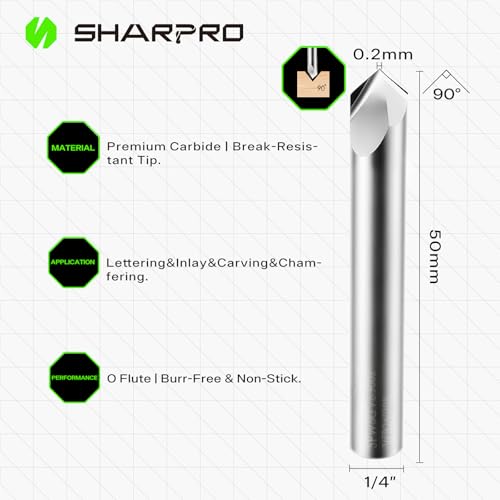 Image of 90 Degree V Bit 1 /4 Shank CNC, Engraving Bits for 2 Flute Groove Router bits on Wood, PVC, Plastic and Acrylic.